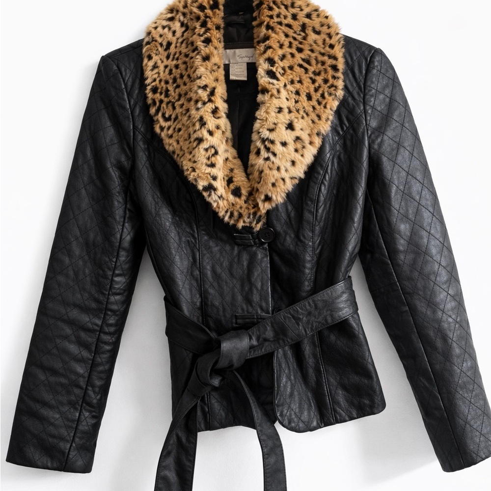 Spiegel Black Quilted Leather Jacket with Faux Leopard Fur Collar